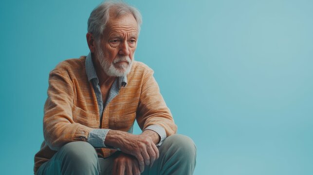 Elderly widower grieving the loss of a spouse, sitting alone on a soothing, light-blue background