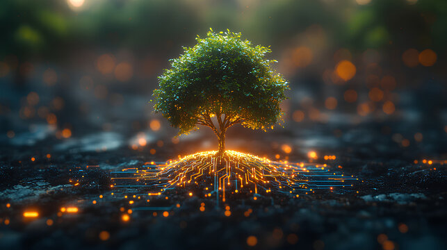 Tree growing on Circuit digital cube Digital and Technology Convergence Blue light and Wireframe network background Green Computing Green Technology Green IT csr and IT ethics Concept