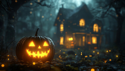 Obraz premium A spooky Halloween scene featuring a glowing jack-o'-lantern in front of a haunted house surrounded by a misty forest.