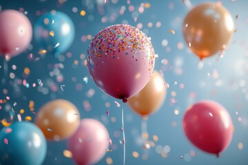 Fototapeta premium A cluster of colorful balloons with confetti floating in the air, representing celebration and joy.