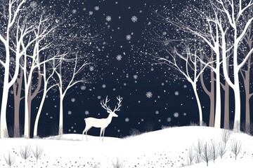 A fairytale winter landscape. Christmas background. There is a fantastic silhouette of white trees and deer with a dark background. with generative ai