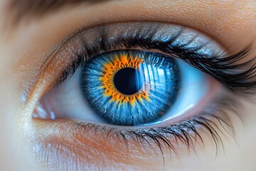 Close-up of a human eye with blue iris and reflection of light.