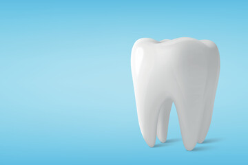 Vector 3D Realistic Isolated Tooth on Blue Background. Closeup of Single Tooth, Dental Health Illustration. Tooth Design for Dentistry, Healthcare, Hygiene Concept