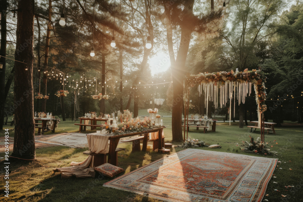 Wall mural rustic outdoor dining area set in forest with hanging lights and bohemian style decorations