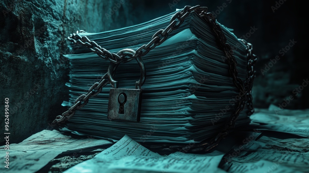 Poster a book with a lock on it and a chain around it. scene is dark and mysterious
