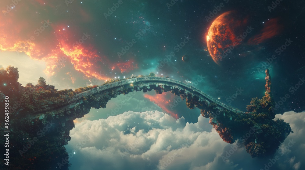 Poster a bridge is suspended in the sky above a planet. the bridge is made of trees and is surrounded by cl