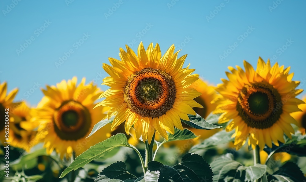 Wall mural a field of sunflowers with one in the foreground. the sunflowers are all facing the same direction, 