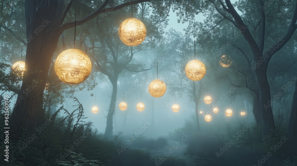 Poster a forest with many lights hanging from the trees. the lights are glowing and creating a warm, inviti