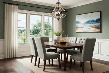 Fototapeta premium Serene Three-Dimensional Perspective of Casual Dining with Upholstered Chairs and Comfort Decor