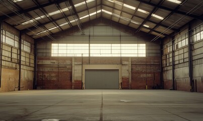 A large, empty warehouse with a brick wall and a metal door. The space is mostly empty, with only a few windows and a few people in the background. Scene is one of emptiness and solitude