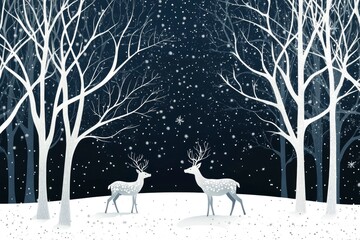 A fairytale winter landscape. Christmas background. There is a fantastic silhouette of white trees and deer with a dark background. with generative ai