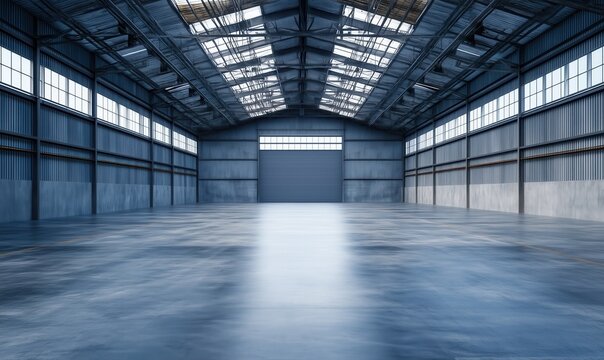 A large, empty warehouse with a lot of windows. The space is very open and airy, with a lot of natural light coming in. The emptiness of the space gives it a sense of calm and serenity - Powered by Adobe