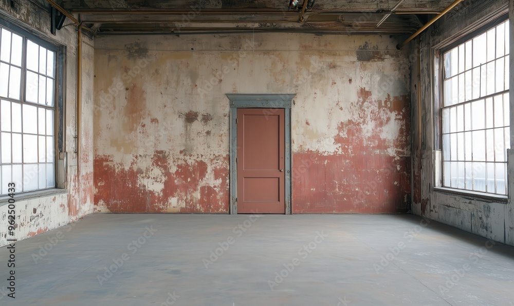 Poster a room with a red door and a wall that is covered in paint. the room is empty and has a very plain a