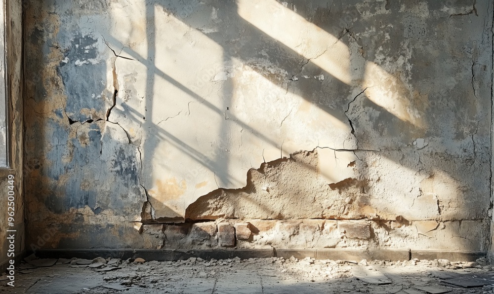 Aufkleber a room with a large crack in the wall and a window in the corner. the room is empty and the sunlight
