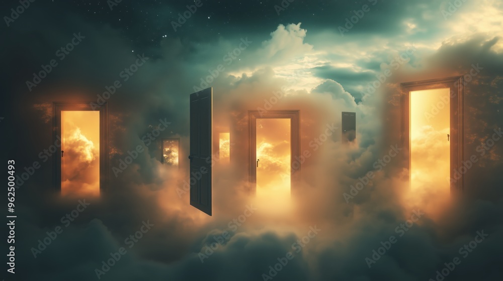 Poster a series of open doors in a cloudy sky. the doors are all different sizes and are open to different 