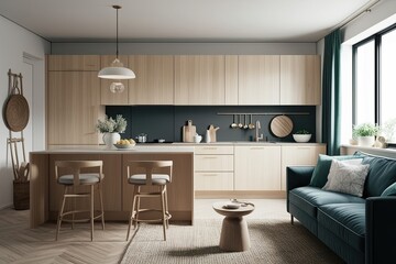 Fototapeta premium Inviting Scandinavian Home Interior with Modern Kitchen Scene in 3D Illustration