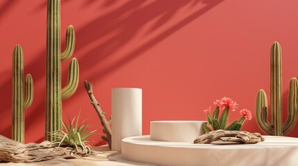 Product display on beige podium with cacti and driftwood in desert theme. Red backdrop.