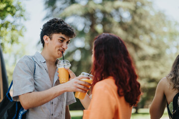 Two friends sharing a refreshing moment with drinks in hand while spending time together in a sunny park setting.