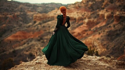 Beauty history Early American pioneer woman with red hair and dark green dress outdoors on a sunny day Rear view. Old west, Victorian, Georgian, Edwardian. Romance