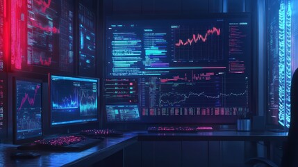 Obraz premium A Dark Room Filled with Computer Screens Displaying Data and Charts