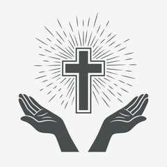 Black and White Open Hands with Cross and Divine Light, Symbol of Faith and Prayer. Design Template for Church Logo. Prayer, Religion Concept Monochrome Cut Out Silhouette Icon. Vector Illustration