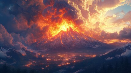 A majestic volcano erupts, spewing lava and ash into the fiery sky, casting an ominous glow over the surrounding landscape.