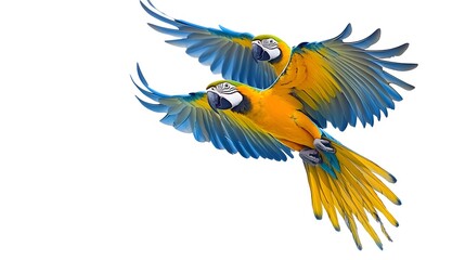 Obraz premium Blue-and-yellow Macaws, Flying on White Background, Realistic Photo, Texture, Pattern Background, Wallpaper, Cover and Screen for Smartphone, PC, Laptop, 9:16 and 16:9 Format