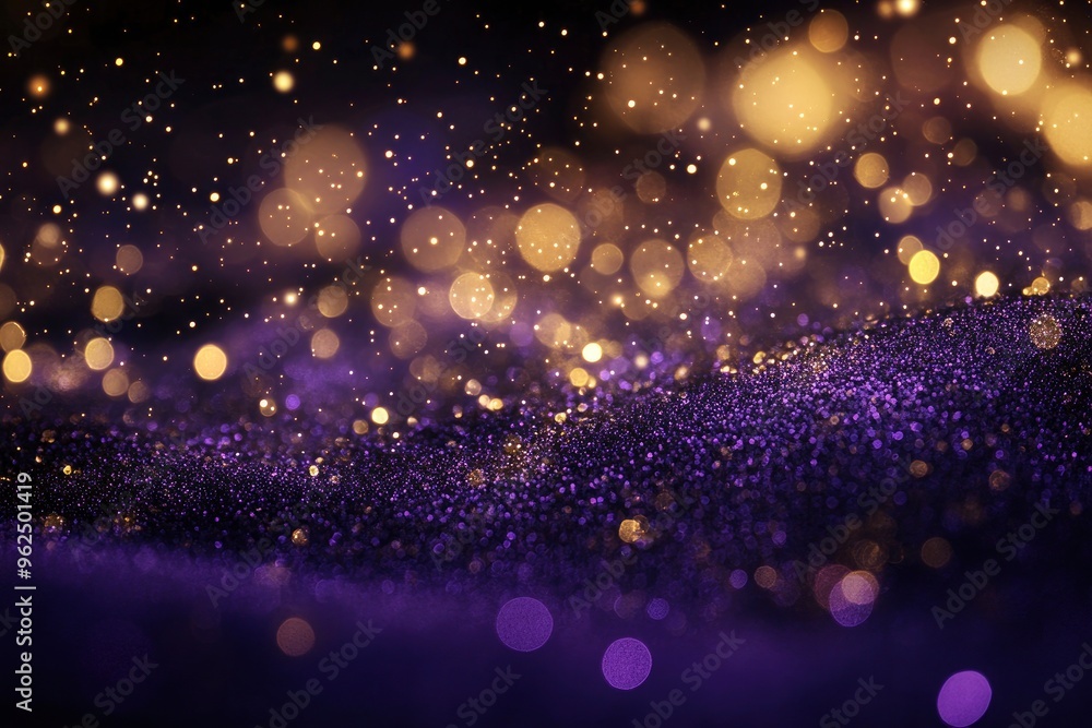 Wall mural abstract luxury christmas background, purple and gold, bokeh effect and sparkles, in the middle ther