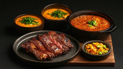 Fototapeta premium Delicious grilled steak served with vibrant curries and a side of vegetables on a dark background.