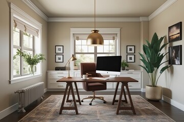Fototapeta premium Modern Home Office 3D Render with Cozy Interior Design Mockup