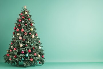 Fototapeta premium Christmas tree decorated. A vibrant Christmas tree adorned with multicolored lights and baubles, glowing against a soft green background