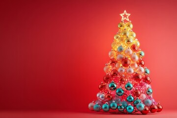Christmas tree decorated. A vibrant Christmas tree adorned with multicolored lights and baubles, glowing against a soft red background