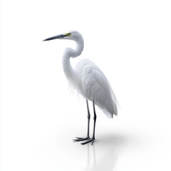 Naklejka premium A white egret standing on a reflective surface, isolated against a plain white background, showcasing its elegance and grace.