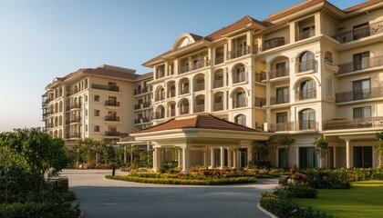 Fototapeta premium Luxury Hotel with Balconies, Arched Windows, and a Landscaped Courtyard