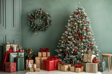Christmas tree decorated. A vibrant Christmas tree adorned with multicolored lights and baubles, glowing against a soft green background