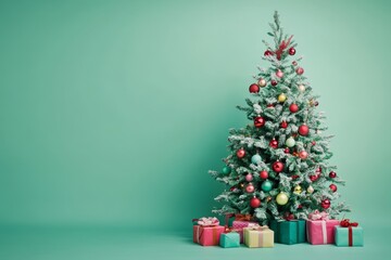 Christmas tree decorated. A vibrant Christmas tree adorned with multicolored lights and baubles, glowing against a soft green background