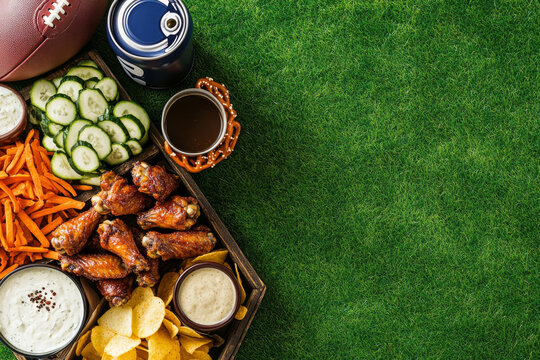 Delicious snacks for Super Bowl party on grassy field, featuring chicken wings, chips, and fresh vegetables, perfect for game day enjoyment.
