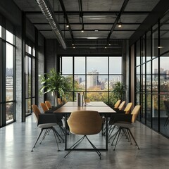 Fototapeta premium Modern Industrial Office Meeting Room with City View