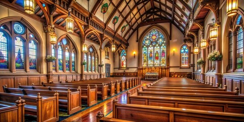 Obraz premium Interior of a grand and ornate church with stained glass windows and wooden pews, church, interior, grand