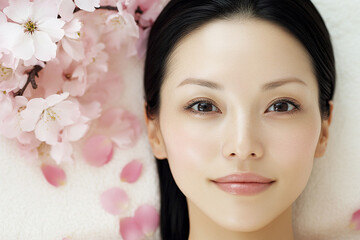 Fototapeta premium Luxurious Spa Treatment: Japanese Woman Lying on a Massage Table with Pink Flower Petals and a White Background for Beauty and Relaxation