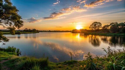 Tranquil sunset over a serene lake surrounded by lush greenery, serene, nature, beauty, peaceful, contemplative, scenery