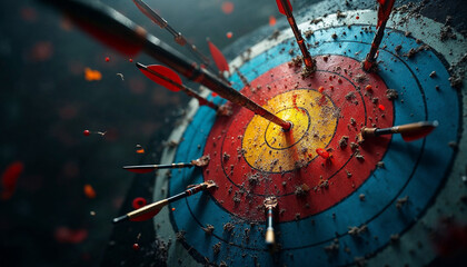 An arrow hits the bullseye of a target, surrounded by other arrows, highlighting archery precision.








