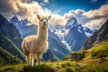 Fototapeta premium White Alpaca Standing in Front of Majestic Mountain Range