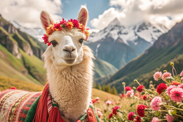 Obraz premium Alpaca with Flower Crown in Mountain Meadow