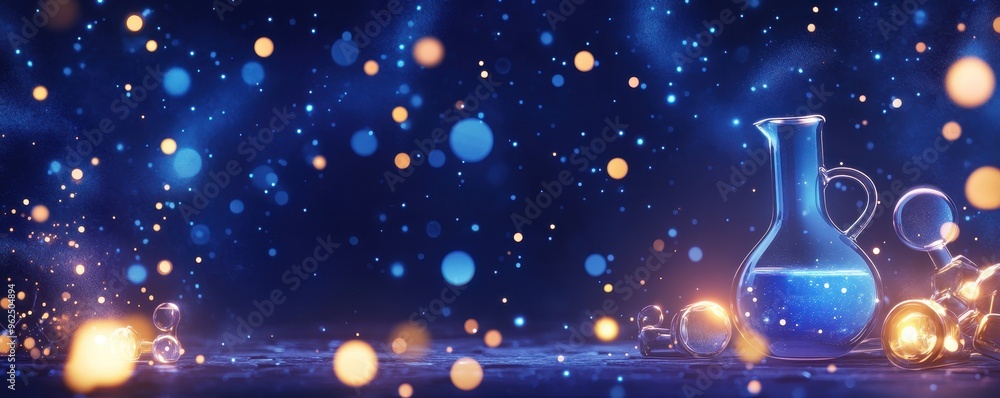 Aufkleber a beautifully illuminated flask against a dark backdrop filled with colorful orbs and sparkling effe