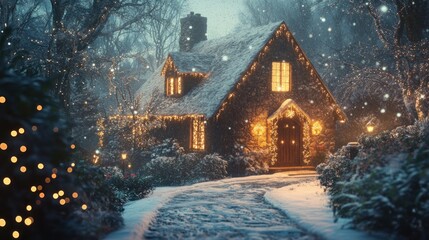 Cozy Cottage Illuminated with String Lights on a Snowy Night