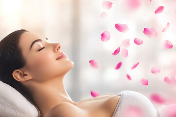 Naklejka premium Japanese Beauty Enjoying a Tranquil Spa Session on a Massage Table with White Background and Pink Petals, Perfect for Skin Care and Relaxation