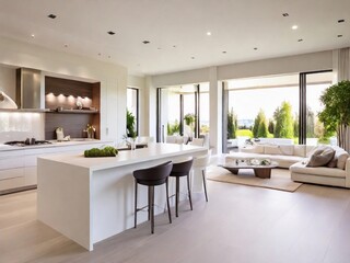 Sophisticated White Interior for Kitchen and Living Room in a Lavish House