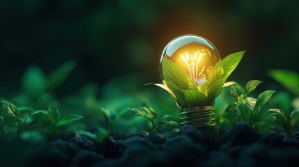 A glowing light bulb surrounded by green leaves, symbolizing innovation and eco-friendly energy solutions in nature.