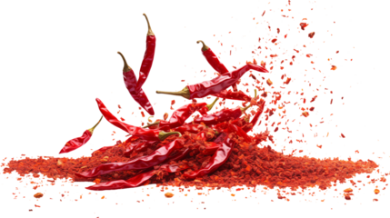 flaying red hot chili pepper flakes isolated on transparent white background, clipping path